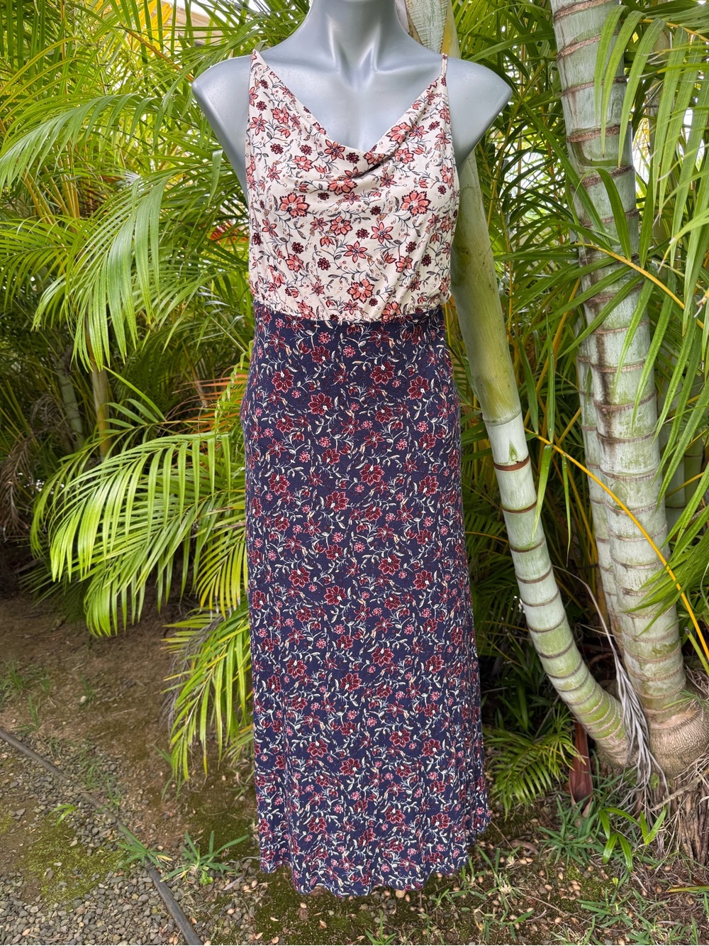 Free People Navy Floral Slip Dress with Cream & Burgundy Accents